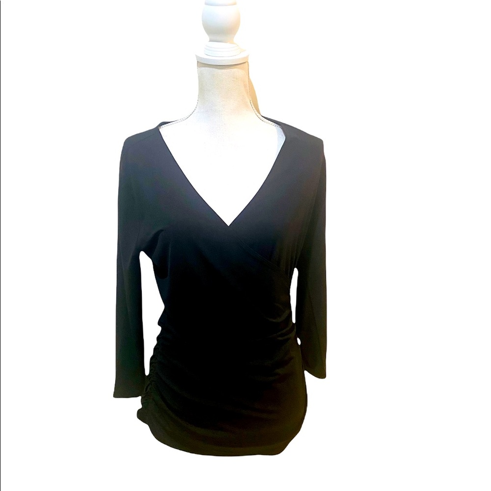 Tahari v neck wrap top jersey knit ruched long sleeved black top size medium